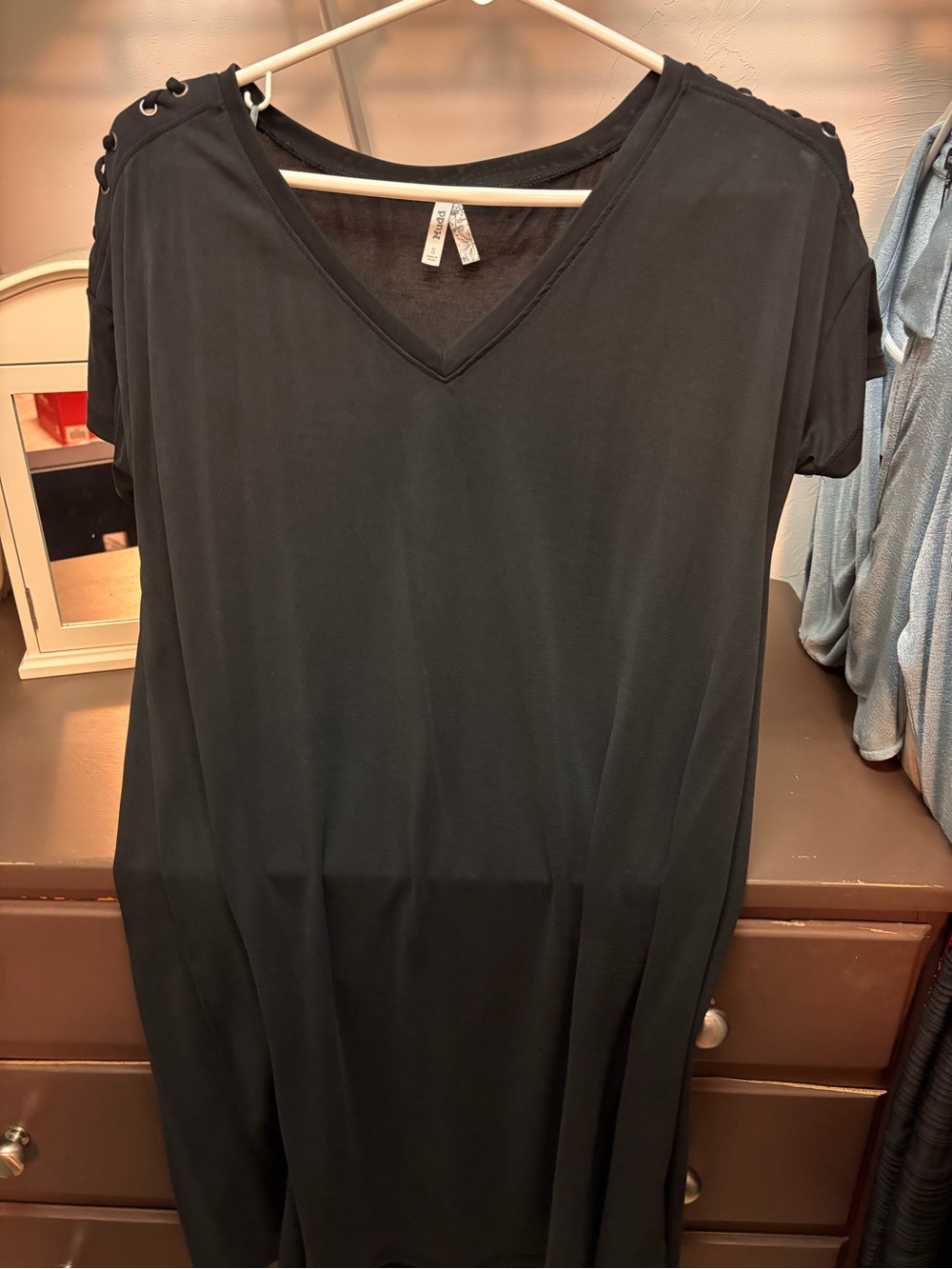 Black V-Neck T-shirt Dress with Shoulder Eyelet Detail